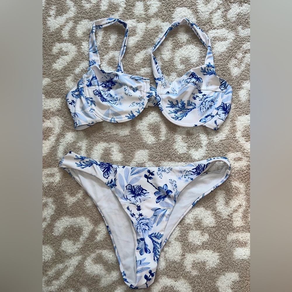 White and Blue Floral Shein Bikini